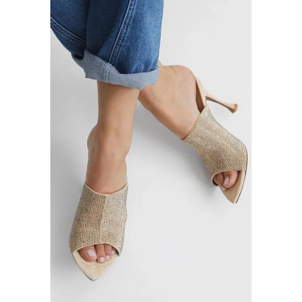 Reiss Cylan Crystal Mules 38 7.5 Biscuit Tan Peep Toes Medium Heels